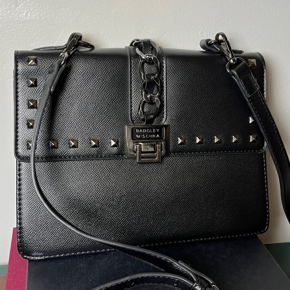 Badgley Mischka Black Gunmetal Studded Chain Detail City Goth Crossbody Bag - Picture 3 of 13